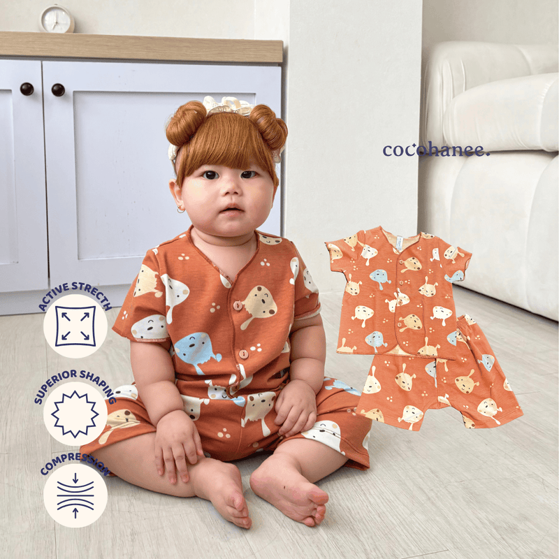 Cocohanee - Brown Puppies Baby Short Button Down Pajamas - Piyama Bayi dengan Kancing Depan