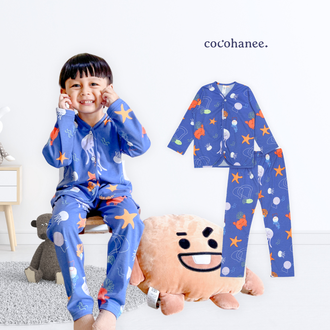 Cocohanee - Marine Blue Button Down Long Pajamas - Piyama Bayi dan Anak dengan Kancing Depan