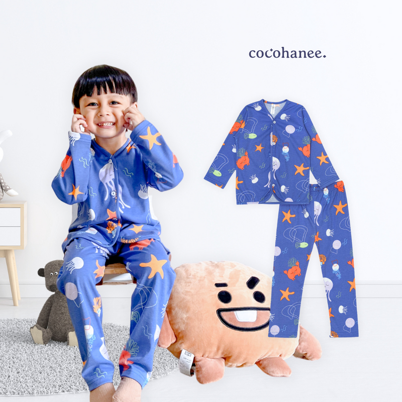 Cocohanee - Marine Blue Button Down Long Pajamas - Piyama Bayi dan Anak dengan Kancing Depan