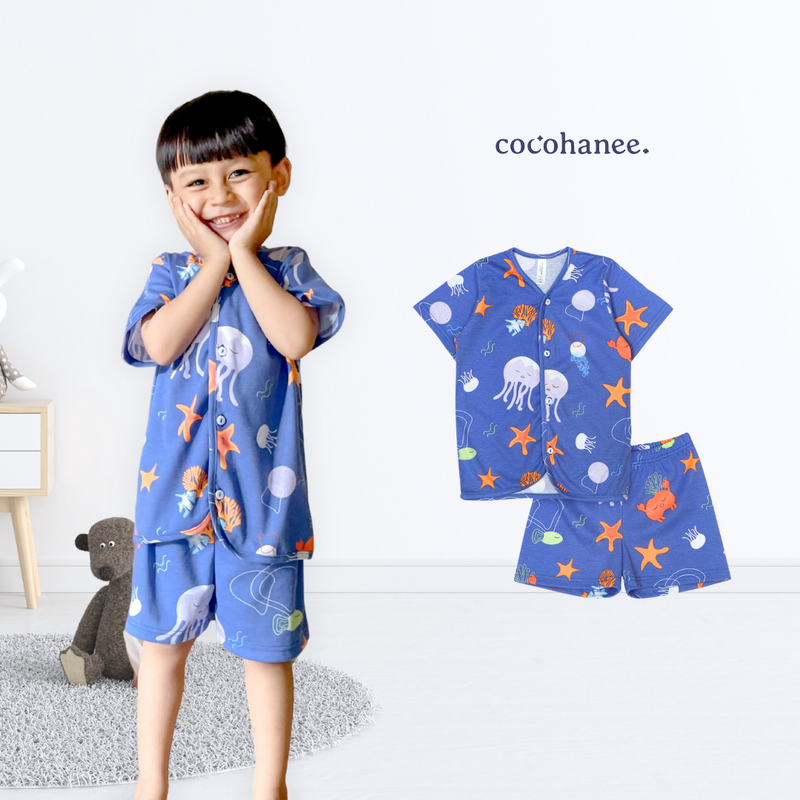 Cocohanee - Marine Blue Button Down Short Pajamas - Piyama Bayi dan Anak dengan Kancing Depan