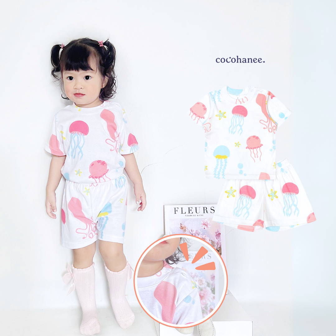 Cocohanee - Jelly Fish Shoulder Button Short Pajamas - Piyama Bayi dan Anak dengan Kancing di Bahu