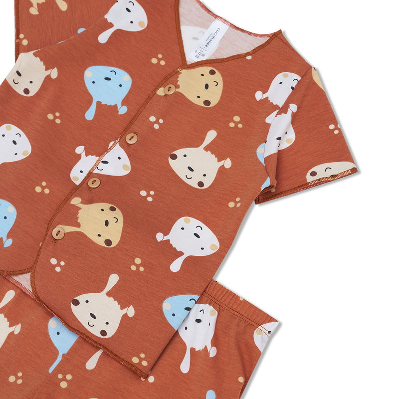 Cocohanee - Brown Puppies Baby Short Button Down Pajamas - Piyama Bayi dengan Kancing Depan