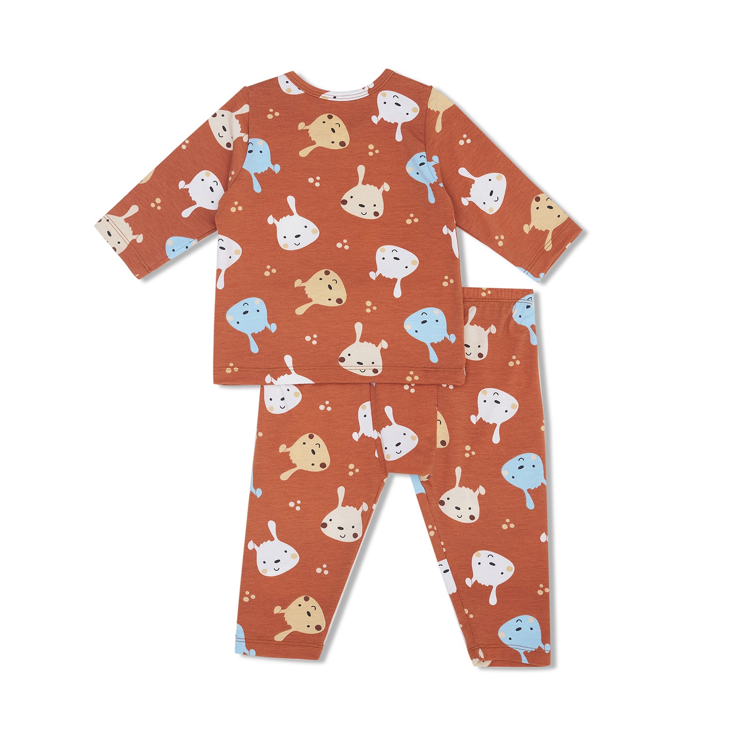 Cocohanee - Brown Puppies Baby Long Shoulder Button Pajamas - Piyama Bayi dengan Kancing di Bahu
