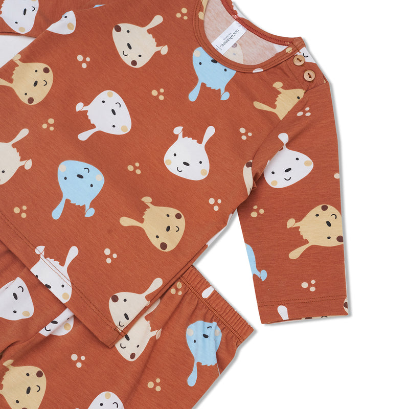 Cocohanee - Brown Puppies Baby Long Shoulder Button Pajamas - Piyama Bayi dengan Kancing di Bahu