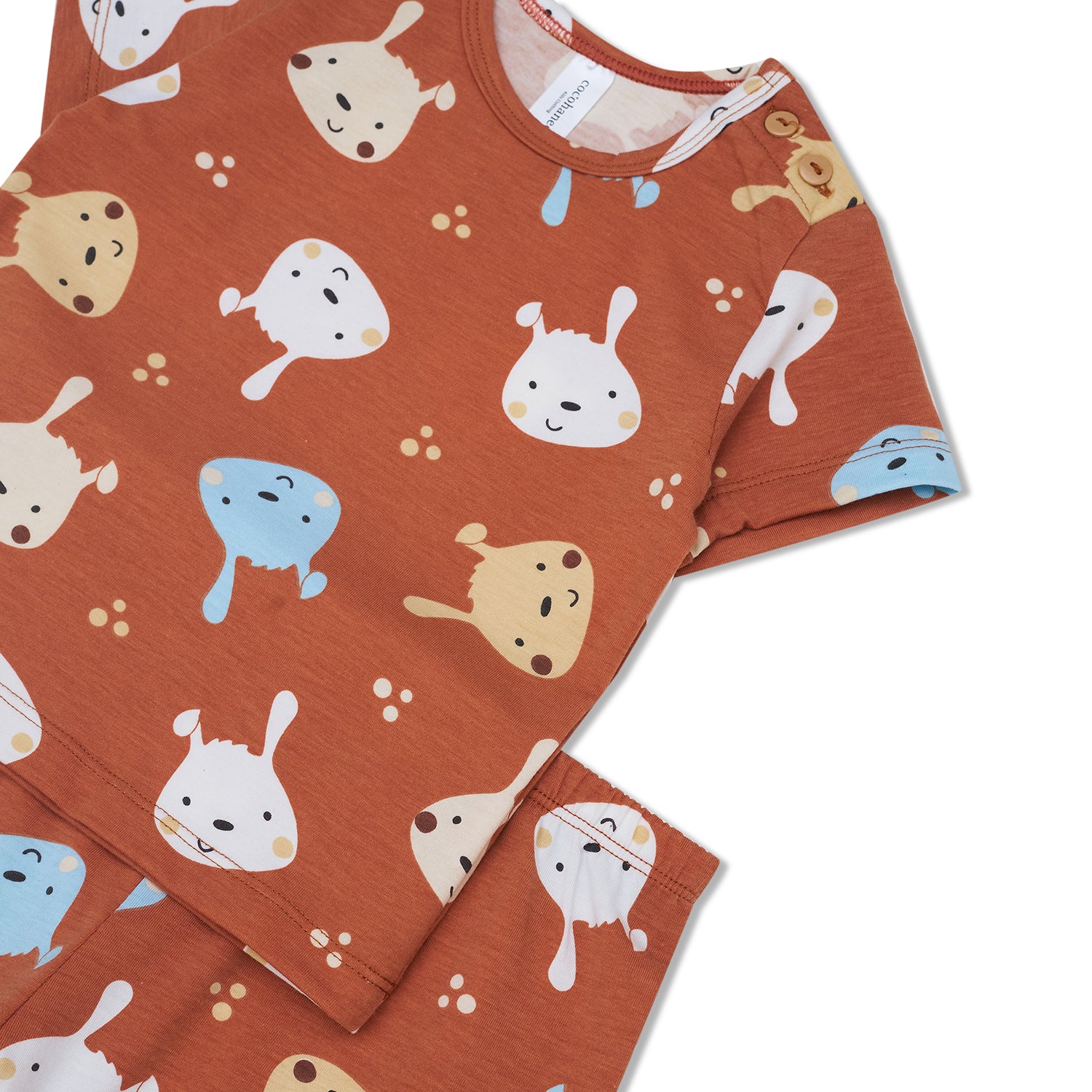 Cocohanee - Brown Puppies Baby Short Shoulder Button Pajamas - Piyama Bayi dengan Kancing di Bahu