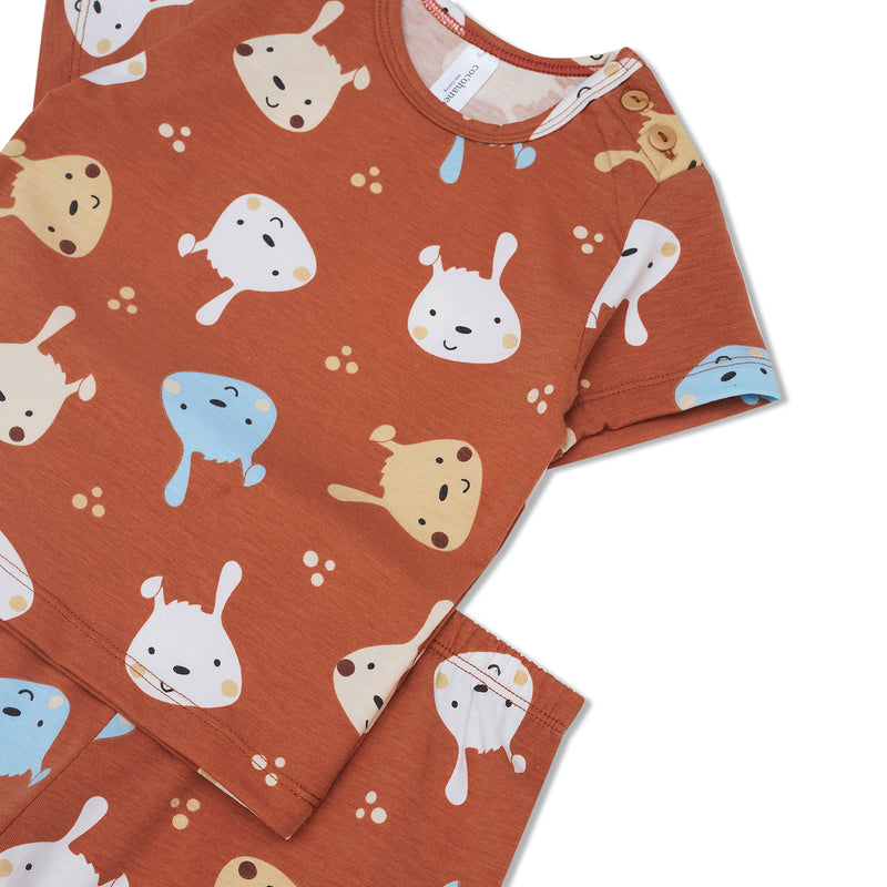 Cocohanee - Brown Puppies Baby Short Shoulder Button Pajamas - Piyama Bayi dengan Kancing di Bahu