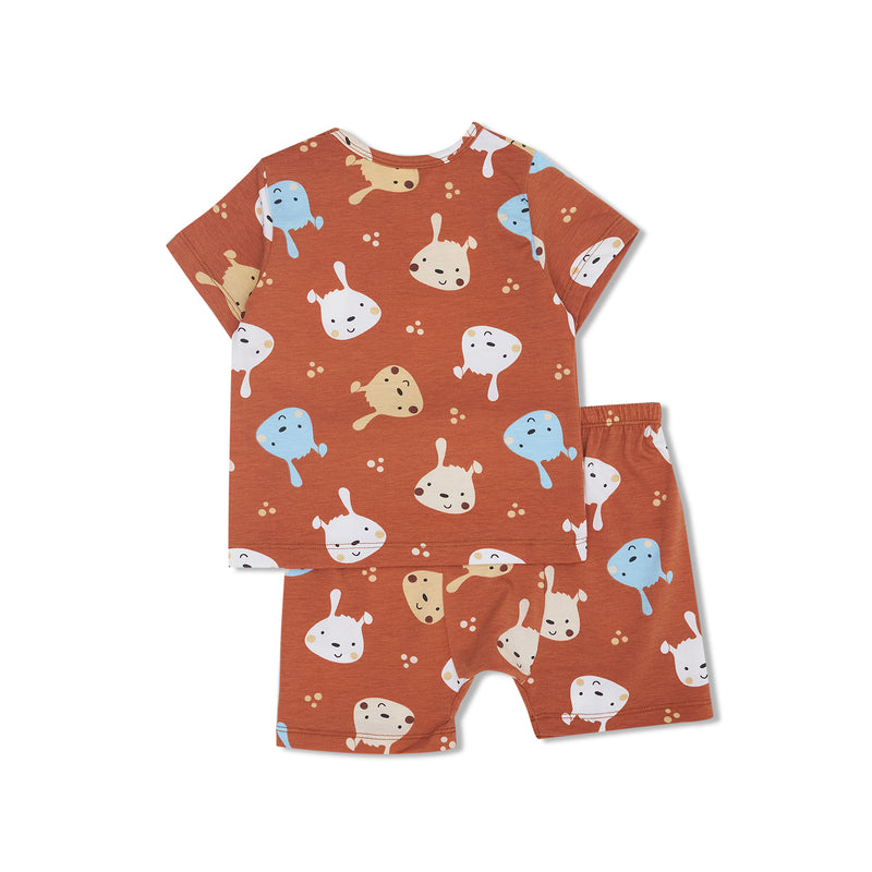 Cocohanee - Brown Puppies Baby Short Shoulder Button Pajamas - Piyama Bayi dengan Kancing di Bahu