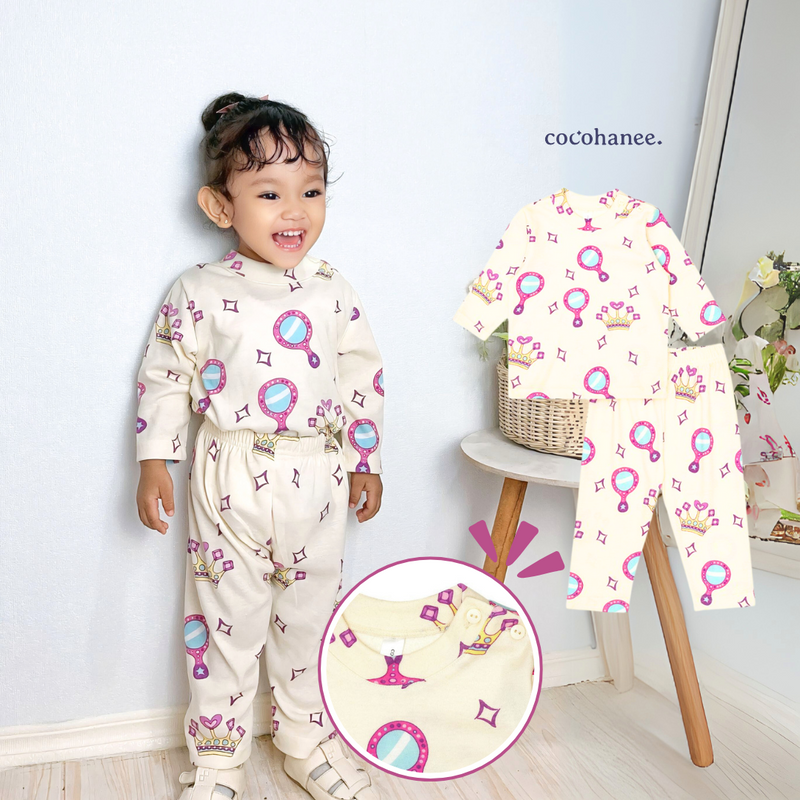 Cocohanee - Crown Princess Shoulder Button Long Pajamas - Piyama Bayi dan Anak dengan Kancing di Bahu