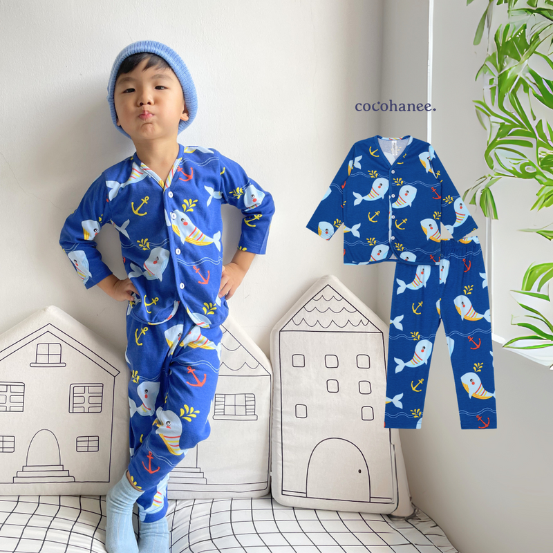 Cocohanee - Shark Anchor Button Down Long Pajamas - Piyama Bayi dan Anak dengan Kancing Depan