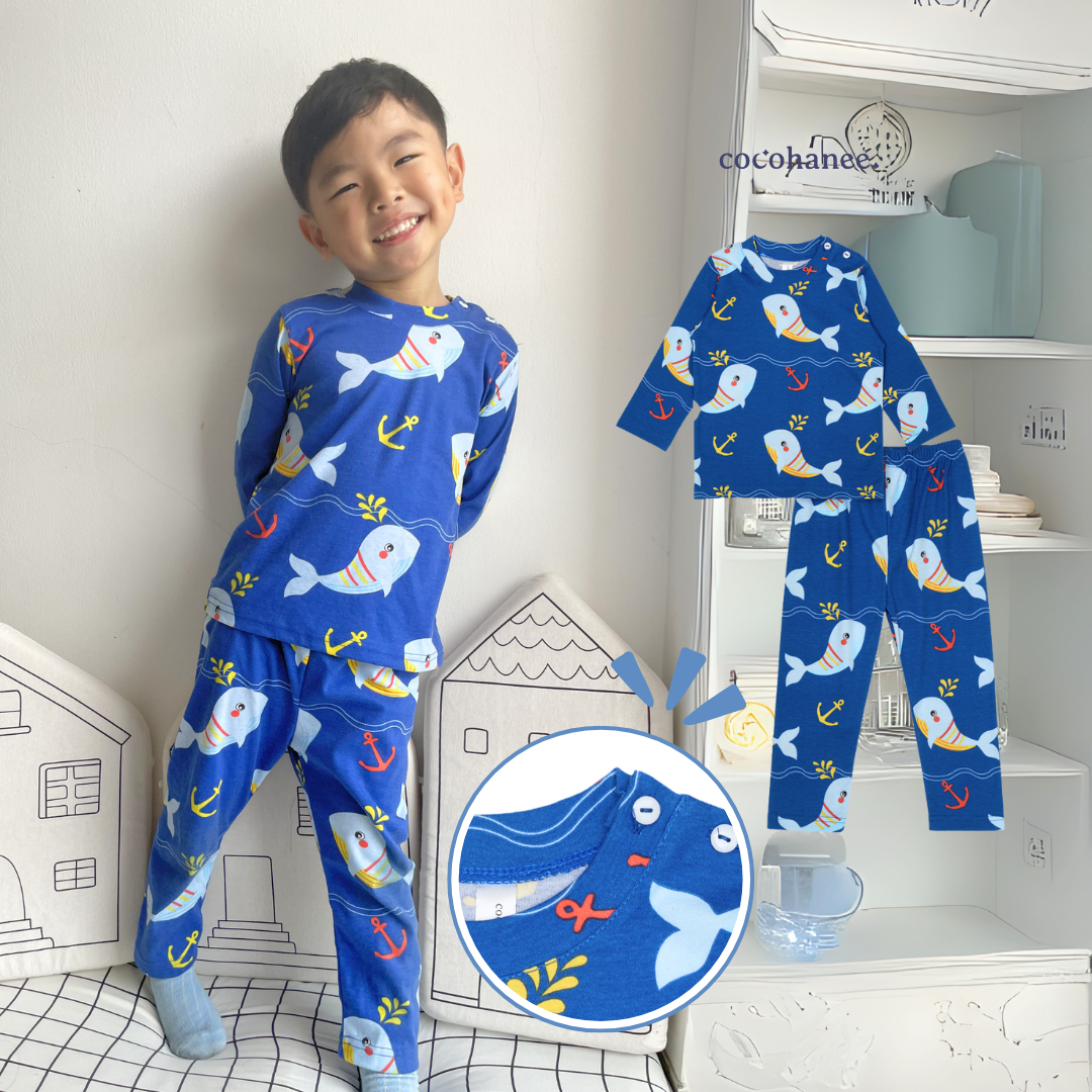 Cocohanee - Shark Anchor Shoulder Button Long Pajamas - Piyama Bayi dan Anak dengan Kancing di Bahu