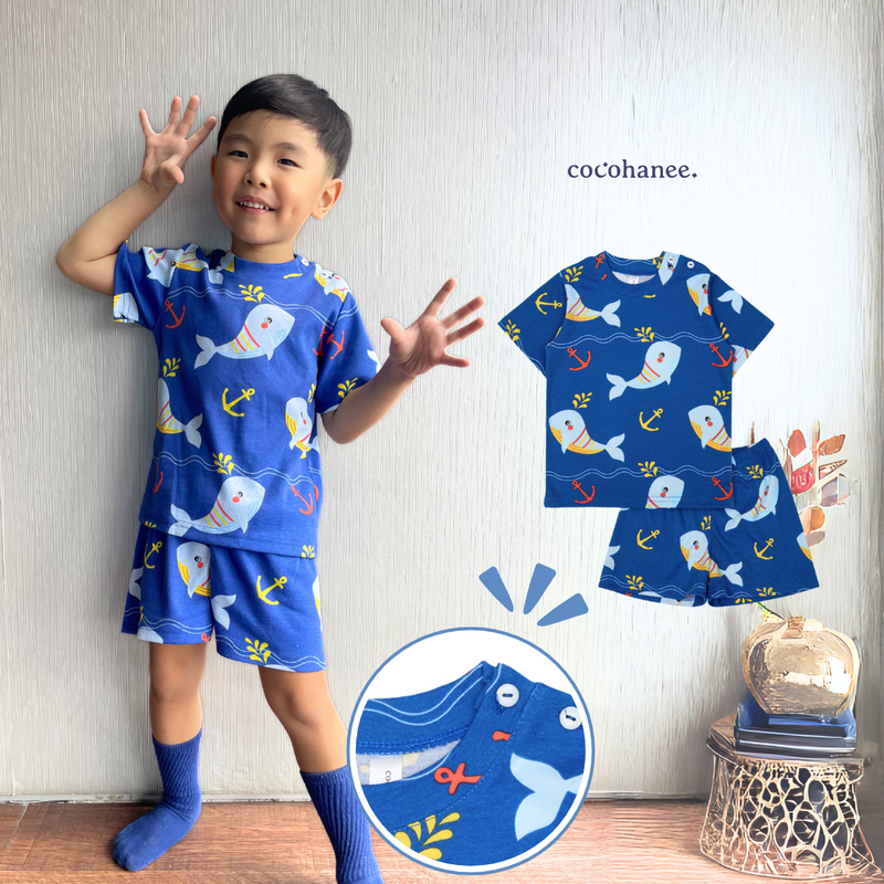 Cocohanee - Shark Anchor Shoulder Button Short Pajamas - Piyama Bayi dan Anak dengan Kancing di Bahu