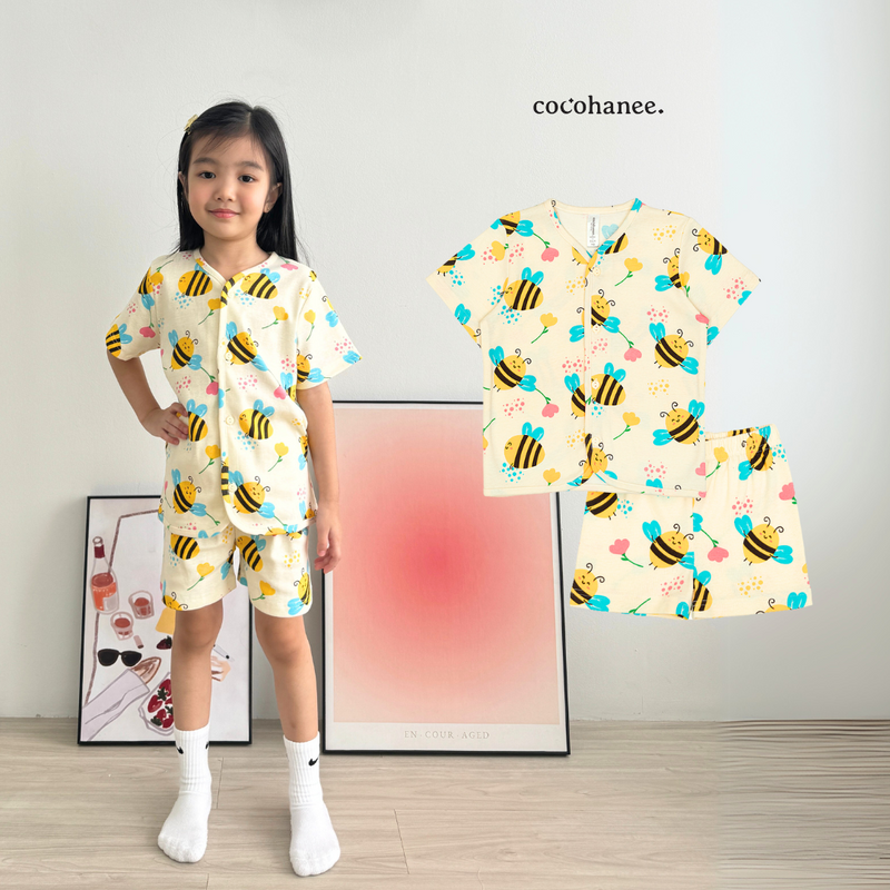 Cocohanee - Morning Bee Button Down Short Pajamas - Piyama Bayi dan Anak dengan Kancing Depan