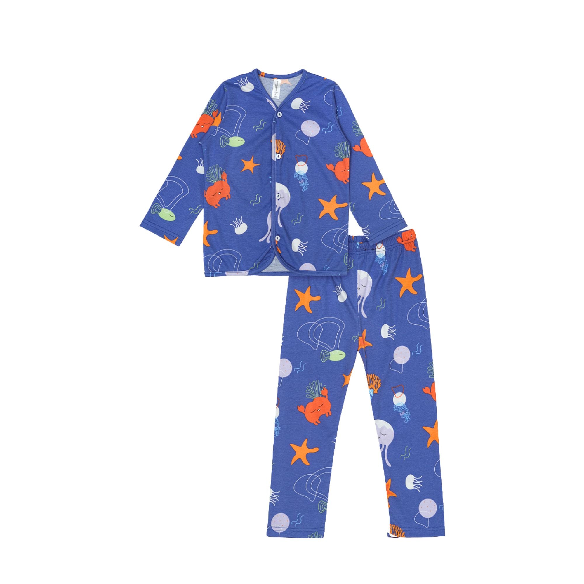 Cocohanee - Marine Blue Button Down Long Pajamas - Piyama Bayi dan Anak dengan Kancing Depan