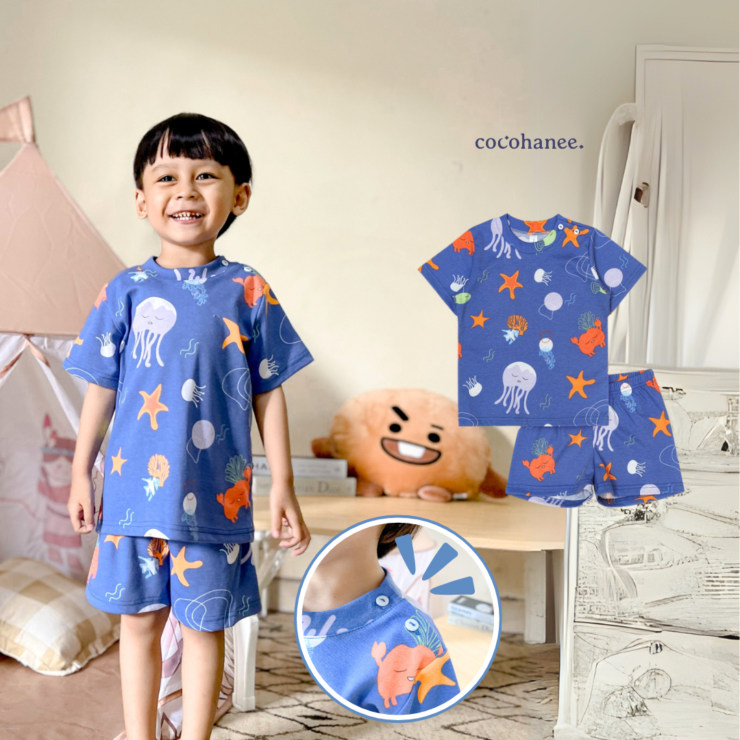 Cocohanee - Marine Blue Shoulder Button Short Pajamas - Piyama Bayi dan Anak dengan Kancing di Bahu
