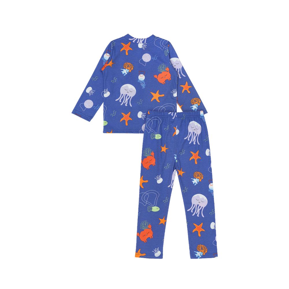 Cocohanee - Marine Blue Shoulder Button Long Pajamas - Piyama Bayi dan Anak dengan Kancing di Bahu