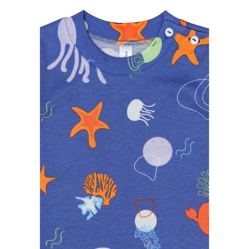 Cocohanee - Marine Blue Shoulder Button Long Pajamas - Piyama Bayi dan Anak dengan Kancing di Bahu