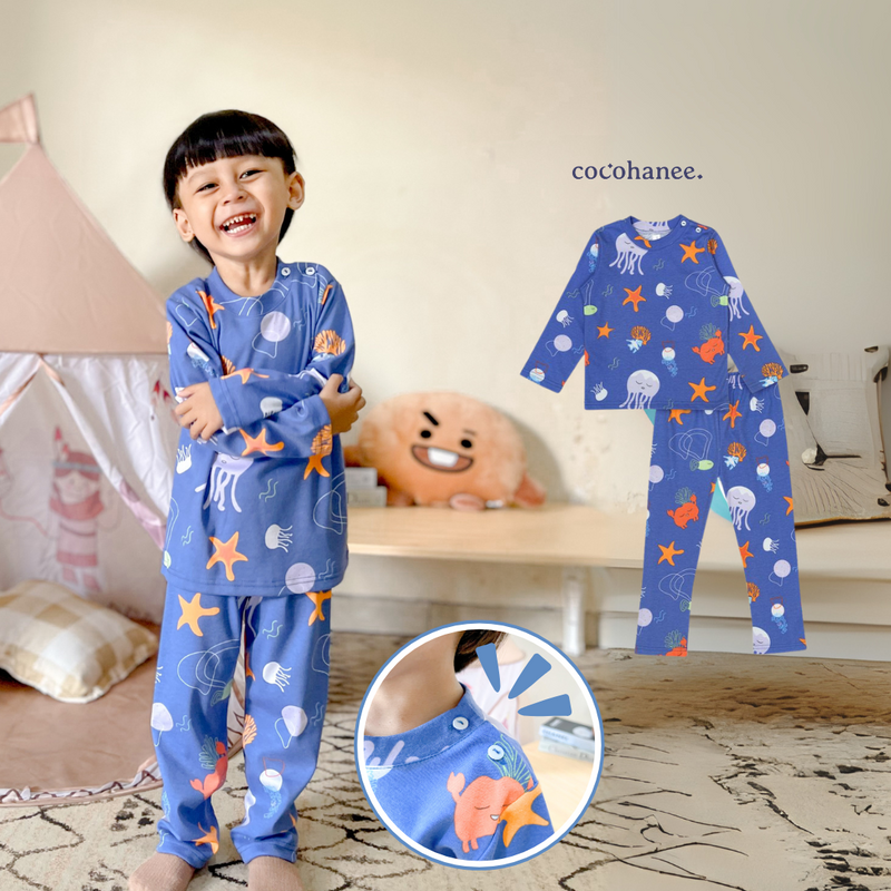 Cocohanee - Marine Blue Shoulder Button Long Pajamas - Piyama Bayi dan Anak dengan Kancing di Bahu