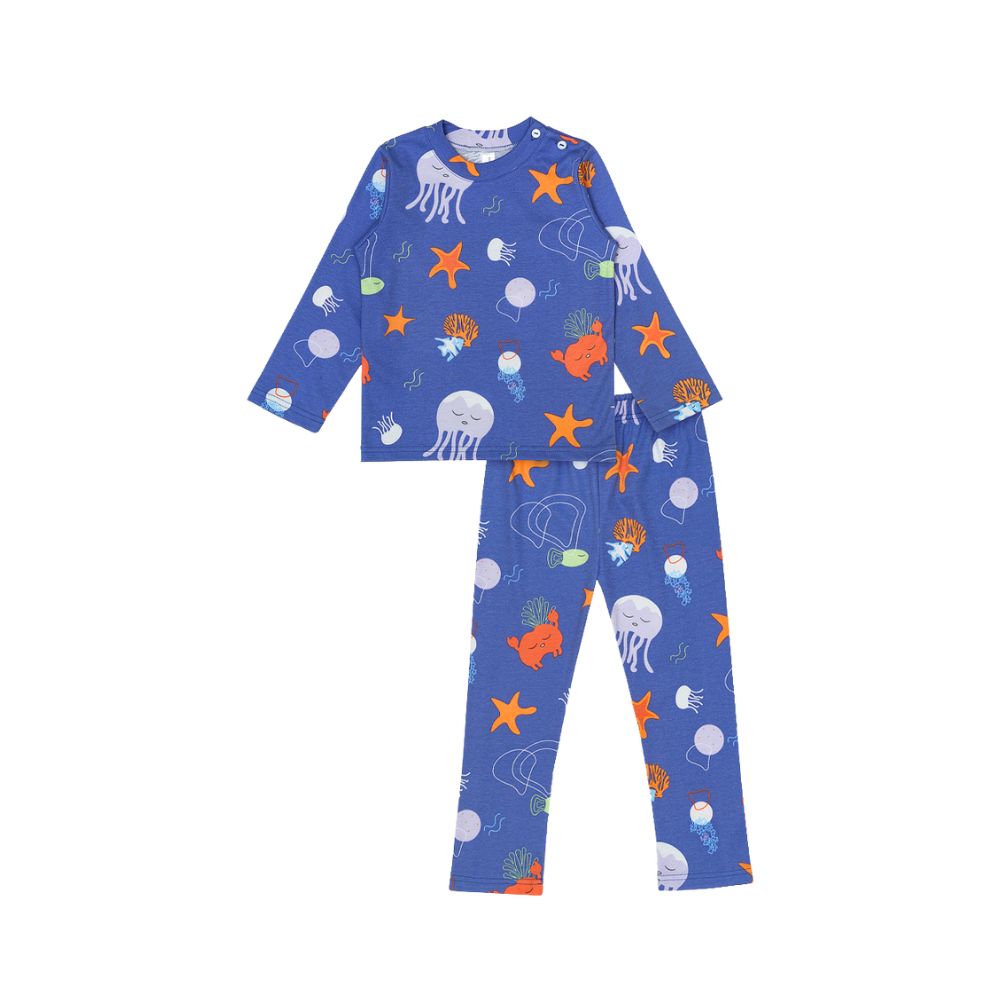 Cocohanee - Marine Blue Shoulder Button Long Pajamas - Piyama Bayi dan Anak dengan Kancing di Bahu