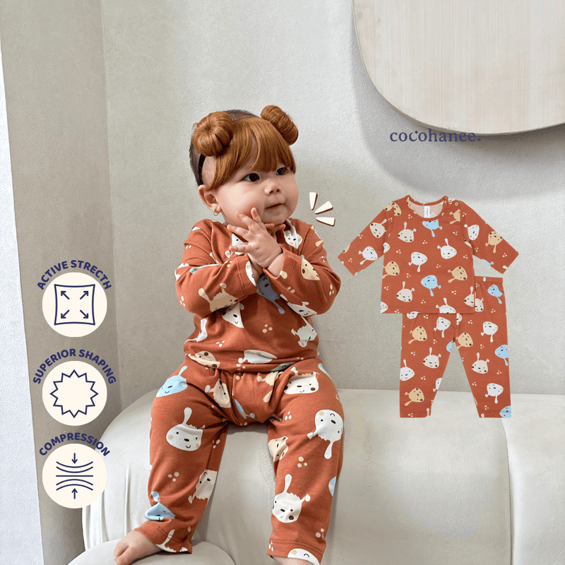 Cocohanee - Brown Puppies Baby Long Shoulder Button Pajamas - Piyama Bayi dengan Kancing di Bahu