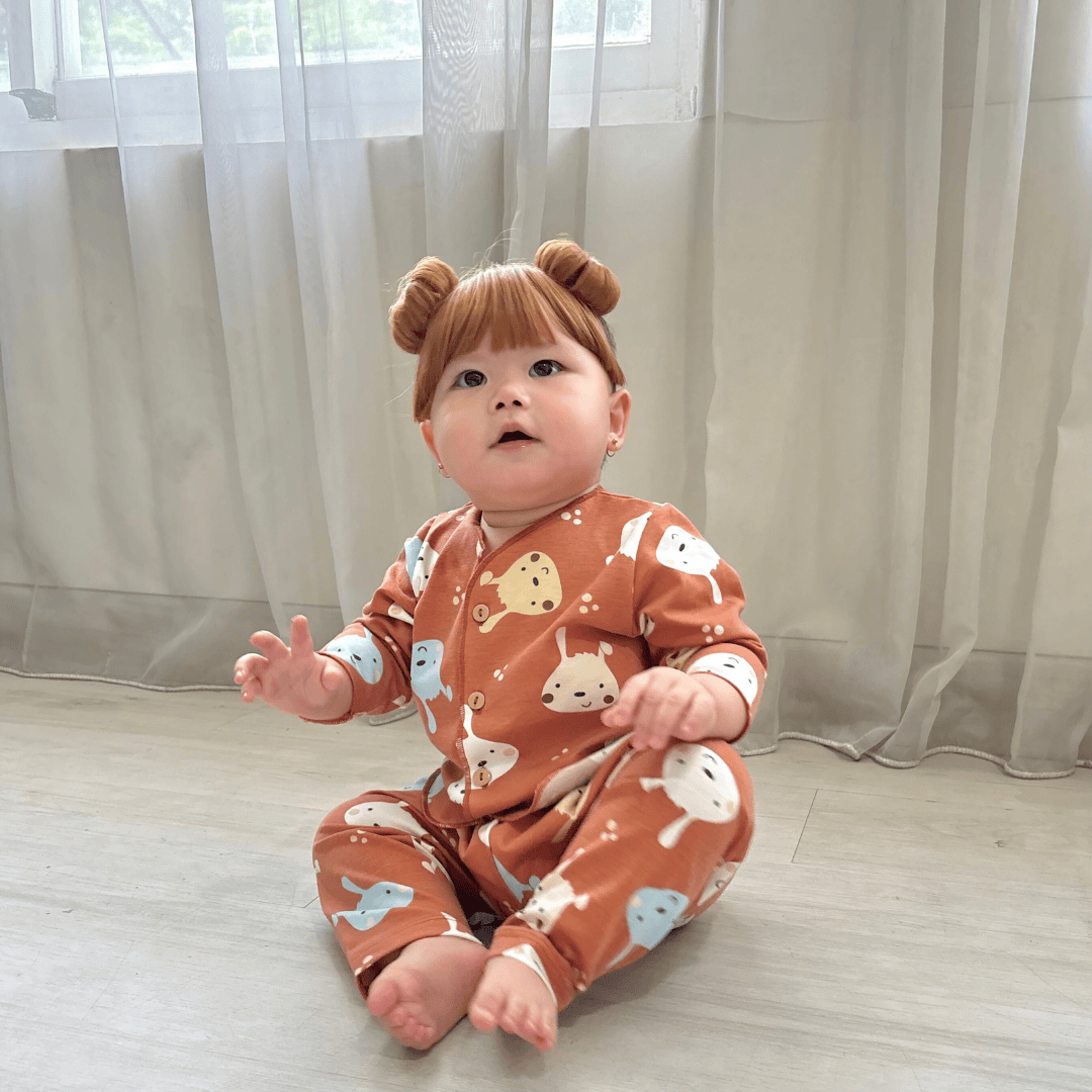 Cocohanee - Brown Puppies Baby Long Button Down Pajamas - Piyama Bayi dengan Kancing Depan