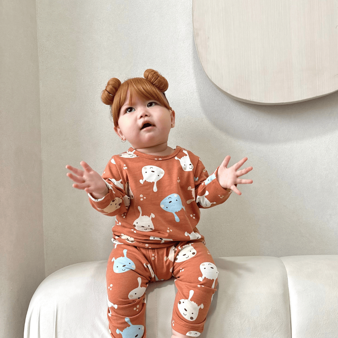 Cocohanee - Brown Puppies Baby Long Shoulder Button Pajamas - Piyama Bayi dengan Kancing di Bahu