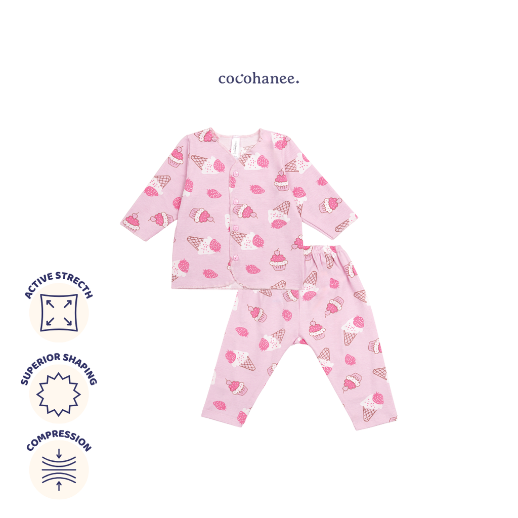 Cocohanee - Creamy Strawberry Baby Long Button Down Pajamas - Piyama Bayi dengan Kancing Depan