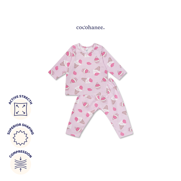 Cocohanee - Creamy Strawberry Baby Long Shoulder Button Pajamas - Piyama Bayi dengan Kancing di Bahu