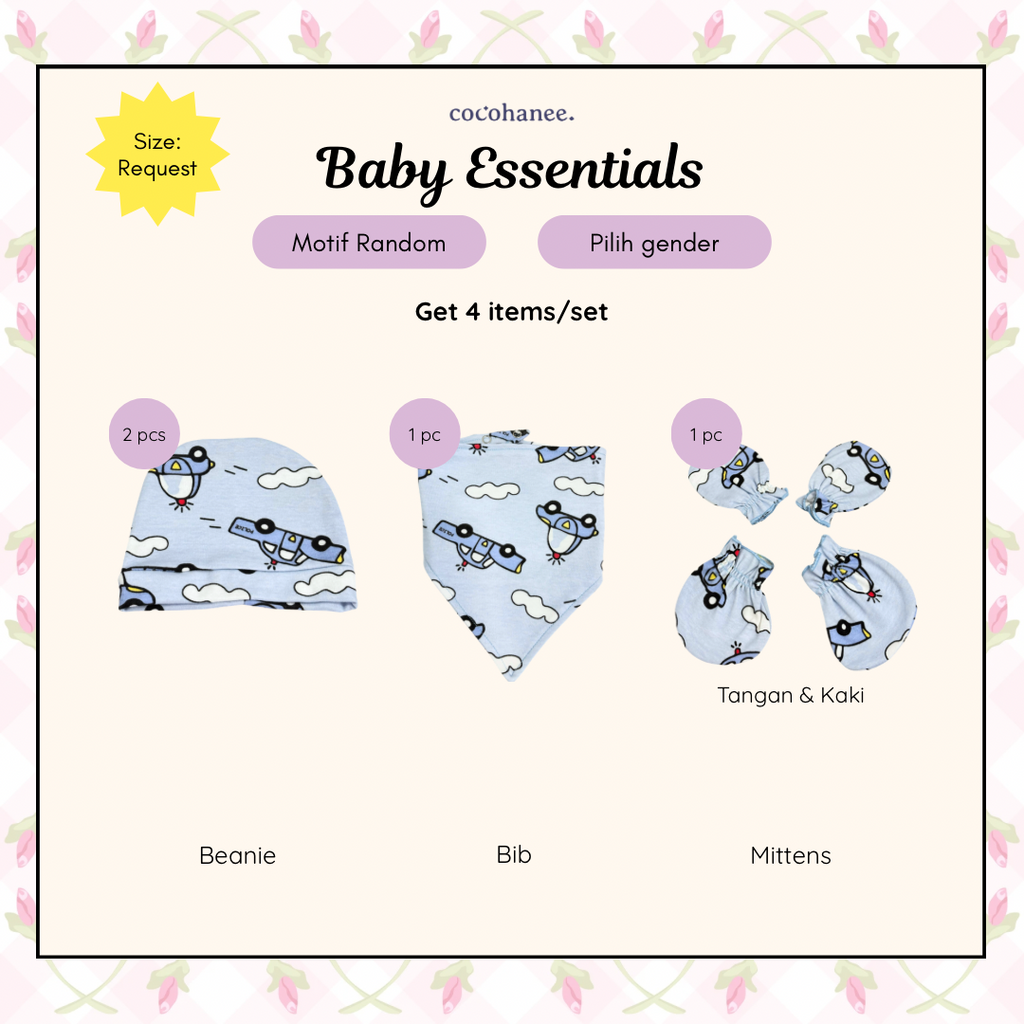 Baby Essentials Bundle - Set Topi, Mitten, Booties, Celemek Bayi