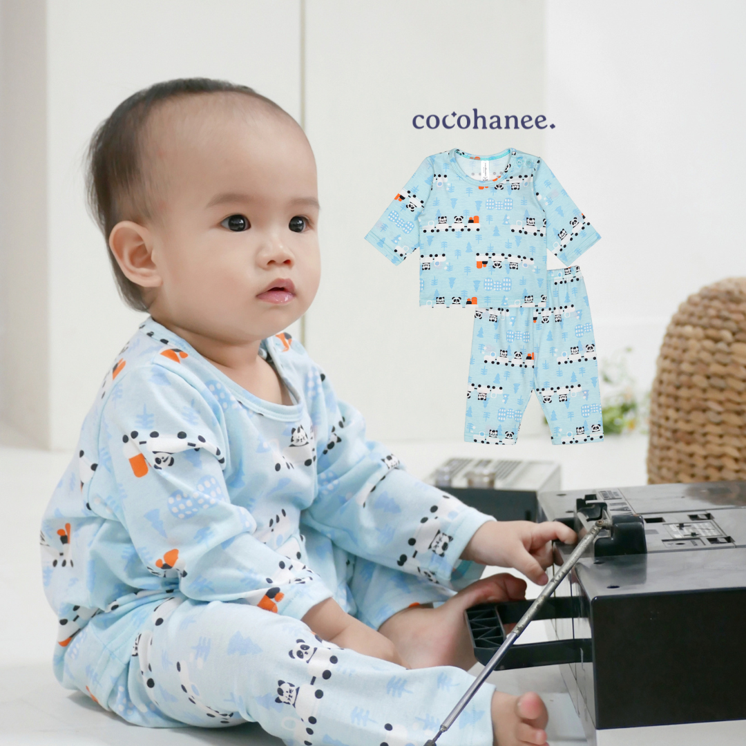 Cocohanee - Animal Train Baby Long Shoulder Button Pajamas - Piyama Bayi dengan Kancing di Bahu