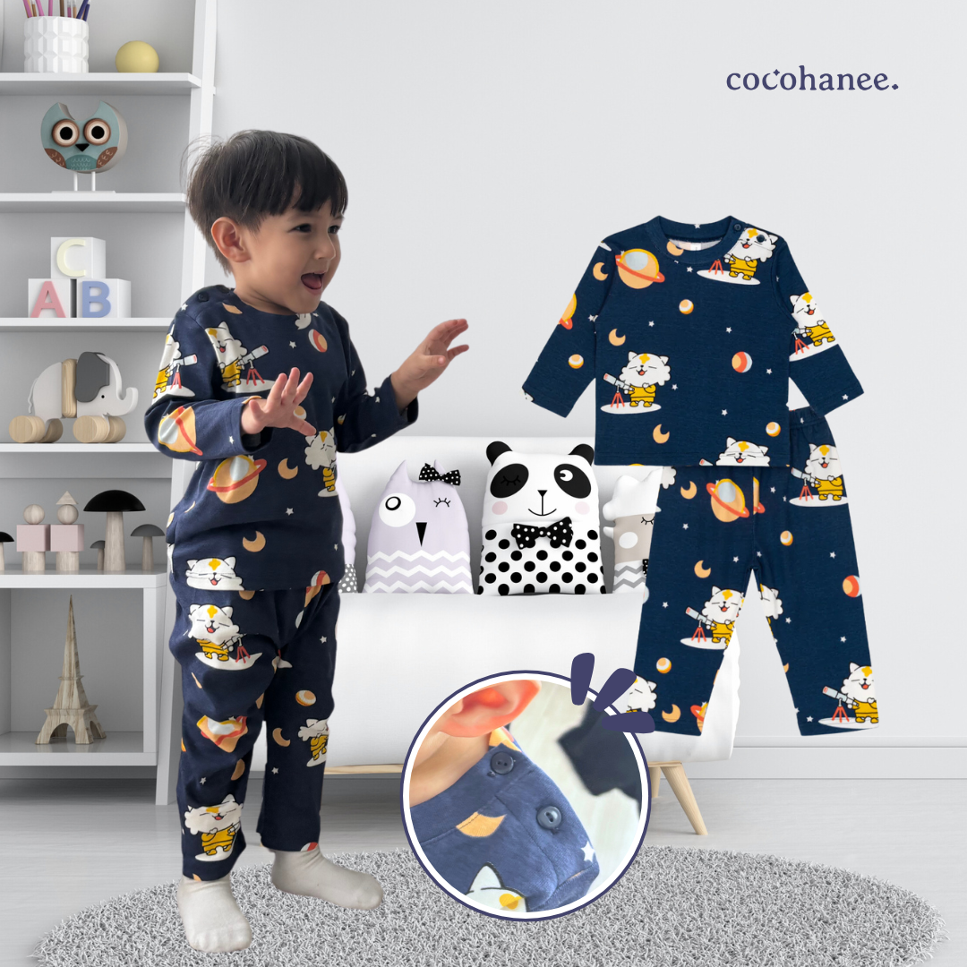 Cocohanee - Coco Moonlight Shoulder Button Long Pajamas - Piyama Bayi dan Anak dengan Kancing di Bahu