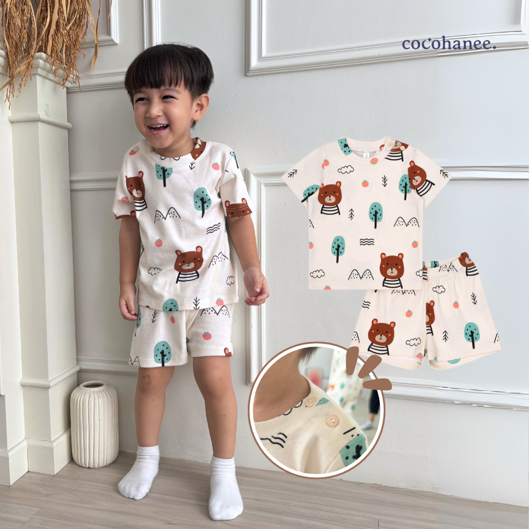 Cocohanee - Bears Shoulder Button Short Pajamas - Piyama Bayi dan Anak dengan Kancing di Bahu