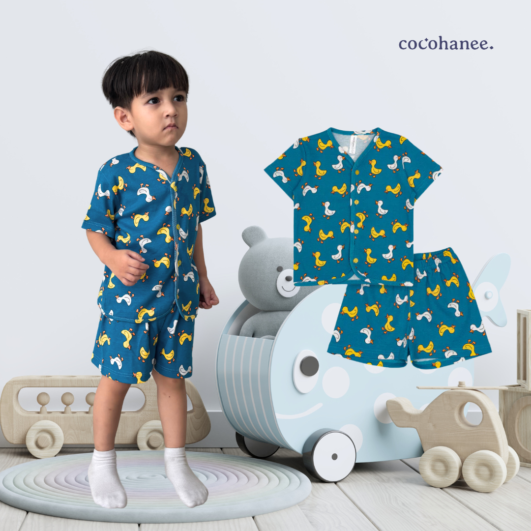 Cocohanee - Walky Ducky Button Down Short Pajamas - Piyama Bayi dan Anak dengan Kancing Depan