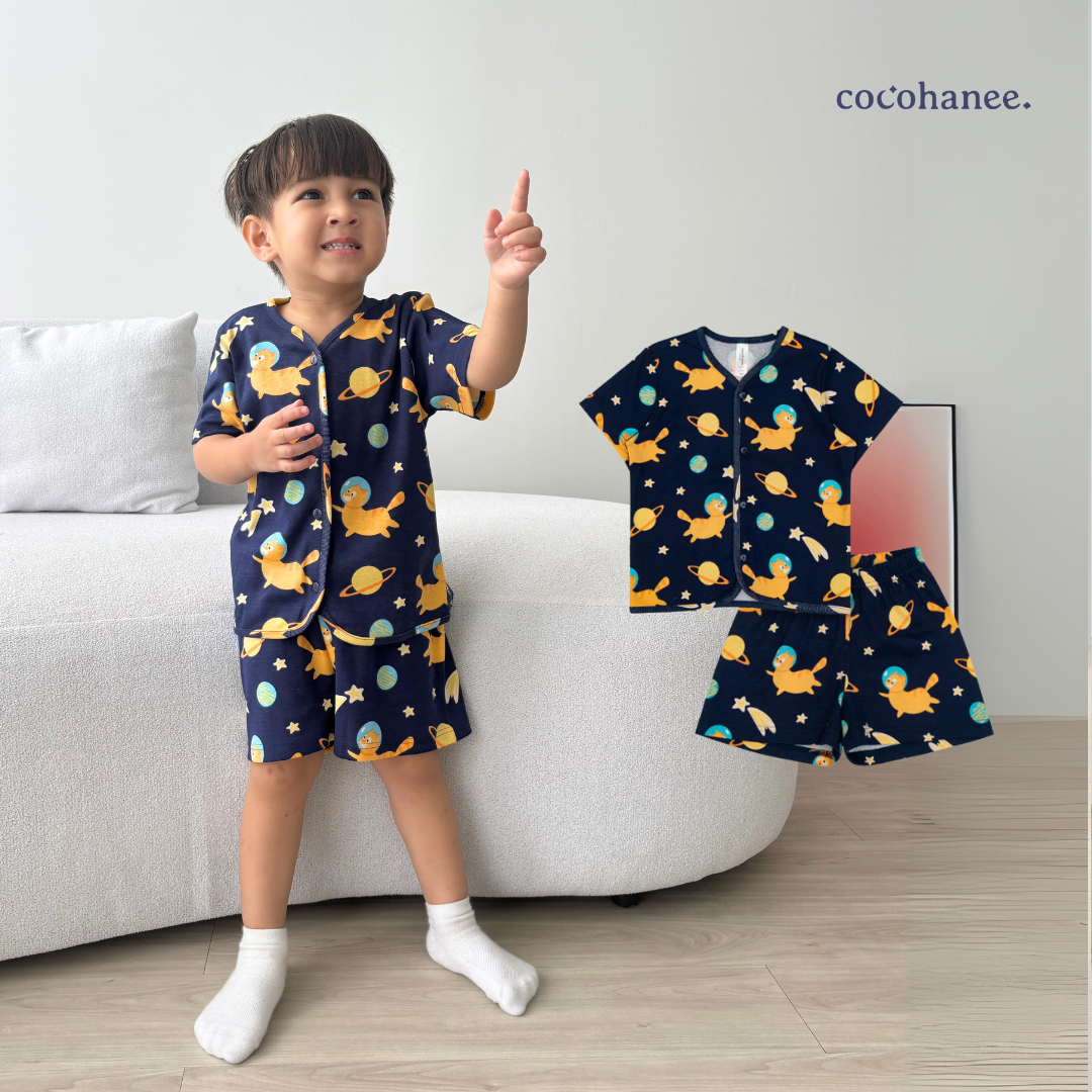 Cocohanee - Galaxy Cat Button Down Short Pajamas - Piyama Bayi dan Anak dengan Kancing Depan