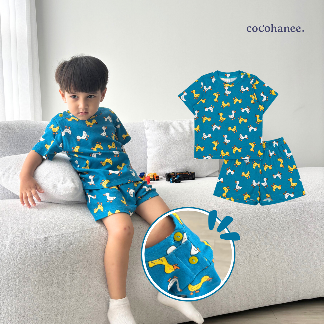 Cocohanee - Walky Ducky Shoulder Button Short Pajamas - Piyama Bayi dan Anak dengan Kancing di Bahu