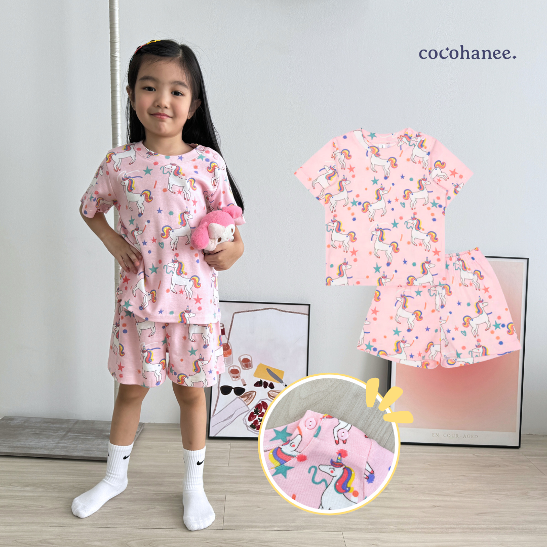 Cocohanee - Unicorn World Shoulder Button Short Pajamas - Piyama Bayi dan Anak dengan Kancing di Bahu