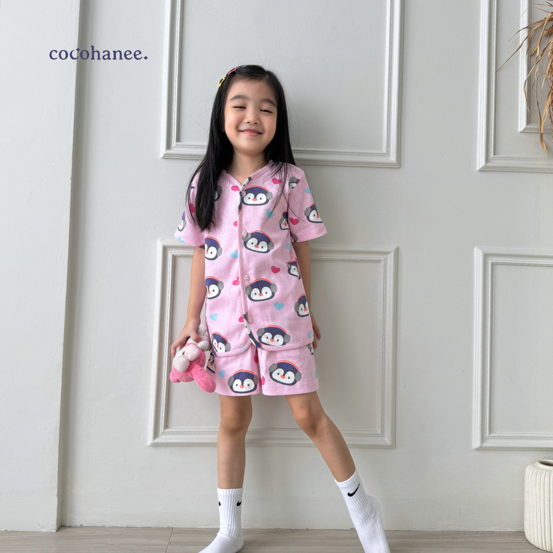 Cocohanee - Penguin in Love Button Down Short Pajamas - Piyama Bayi dan Anak dengan Kancing Depan