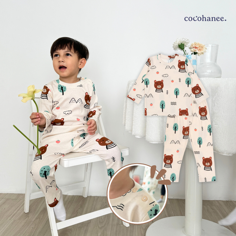 Cocohanee - Bears Shoulder Button Long Pajamas - Piyama Bayi dan Anak dengan Kancing di Bahu