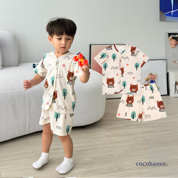 Cocohanee - Bears Button Down Short Pajamas - Piyama Bayi dan Anak dengan Kancing Depan