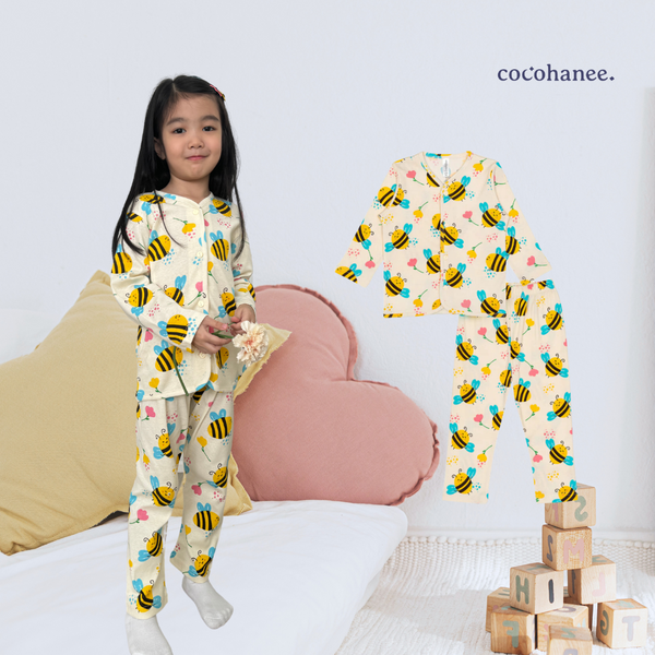 Cocohanee - Morning Bee Button Down Long Pajamas - Piyama Bayi dan Anak dengan Kancing Depan