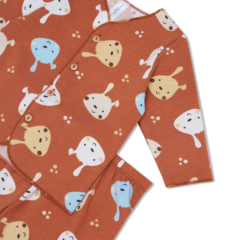 Cocohanee - Brown Puppies Baby Long Button Down Pajamas - Piyama Bayi dengan Kancing Depan