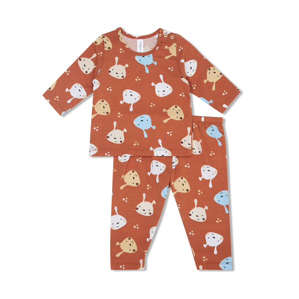 Cocohanee - Brown Puppies Baby Long Shoulder Button Pajamas - Piyama Bayi dengan Kancing di Bahu