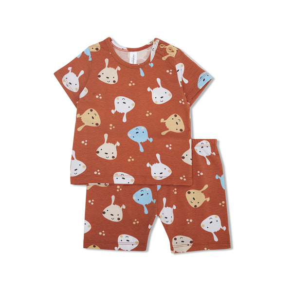 Cocohanee - Brown Puppies Baby Short Shoulder Button Pajamas - Piyama Bayi dengan Kancing di Bahu
