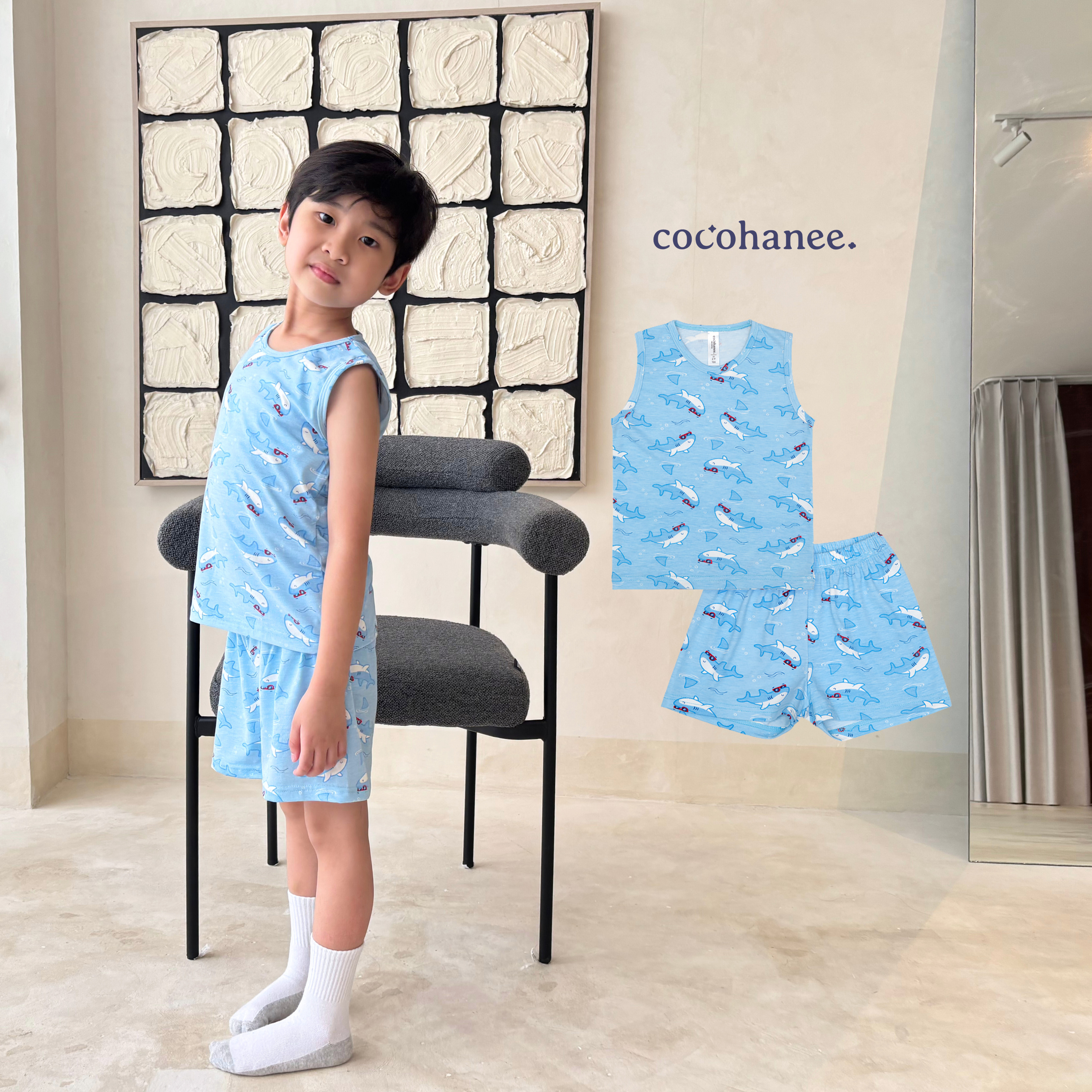 Cocohanee - Shark Wave Sleeveless Set - Setelan Anak Tanpa Lengan