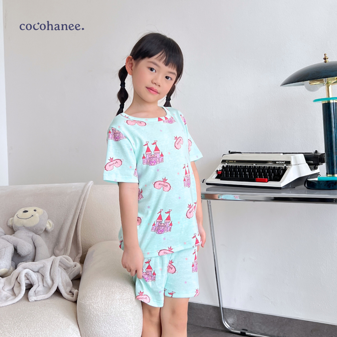 Cocohanee - Princess Castle in Mint Short Pajamas - Piyama Tidur Anak