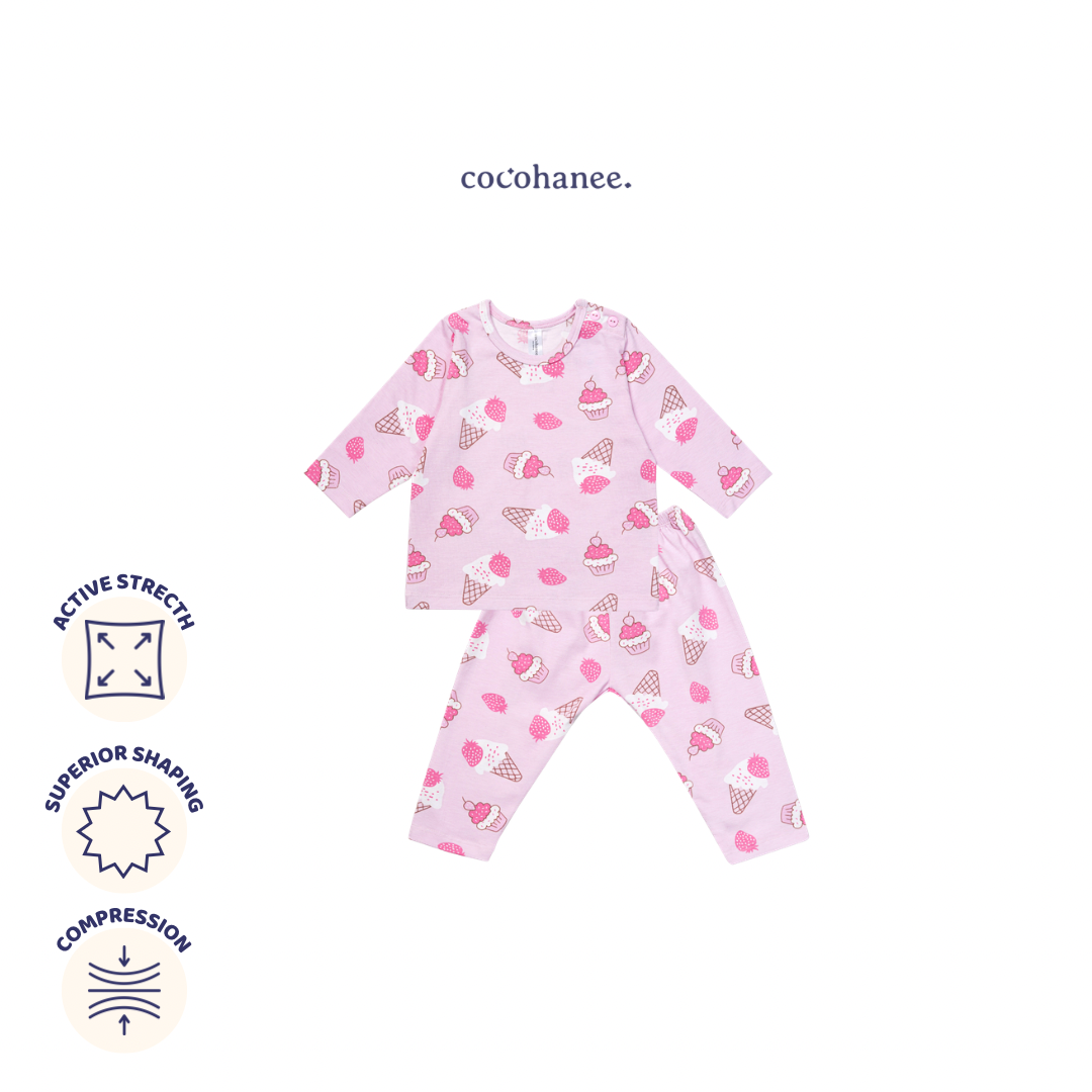 Cocohanee - Creamy Strawberry Baby Long Shoulder Button Pajamas - Piyama Bayi dengan Kancing di Bahu