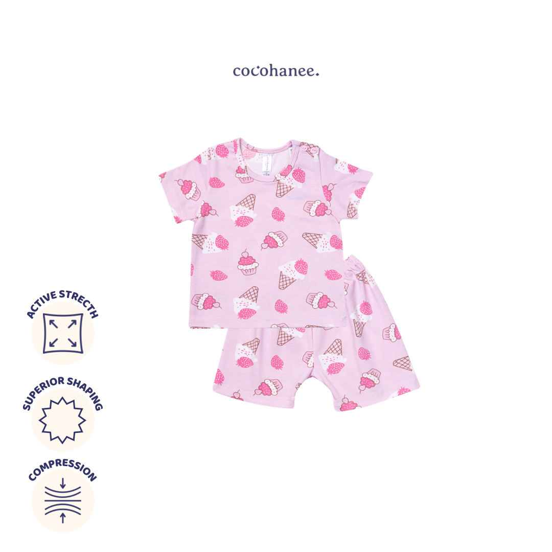 Cocohanee - Creamy Strawberry Baby Short Shoulder Button Pajamas - Piyama Bayi dengan Kancing di Bahu