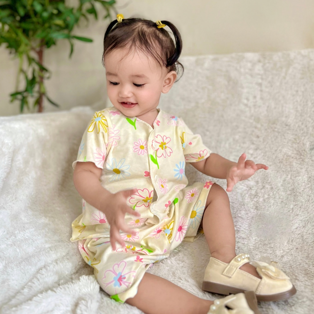 Blooming Flowers - Baby Short Button Down Pajamas - Piyama Bayi dengan Kancing Depan