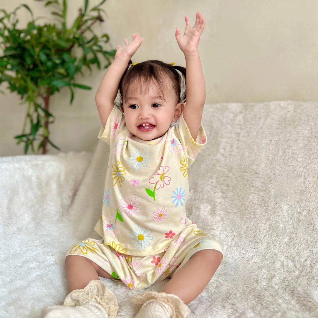 Blooming Flowers - Baby Short Shoulder Button Down Pajamas - Piyama Bayi dengan Kancing di Bahu