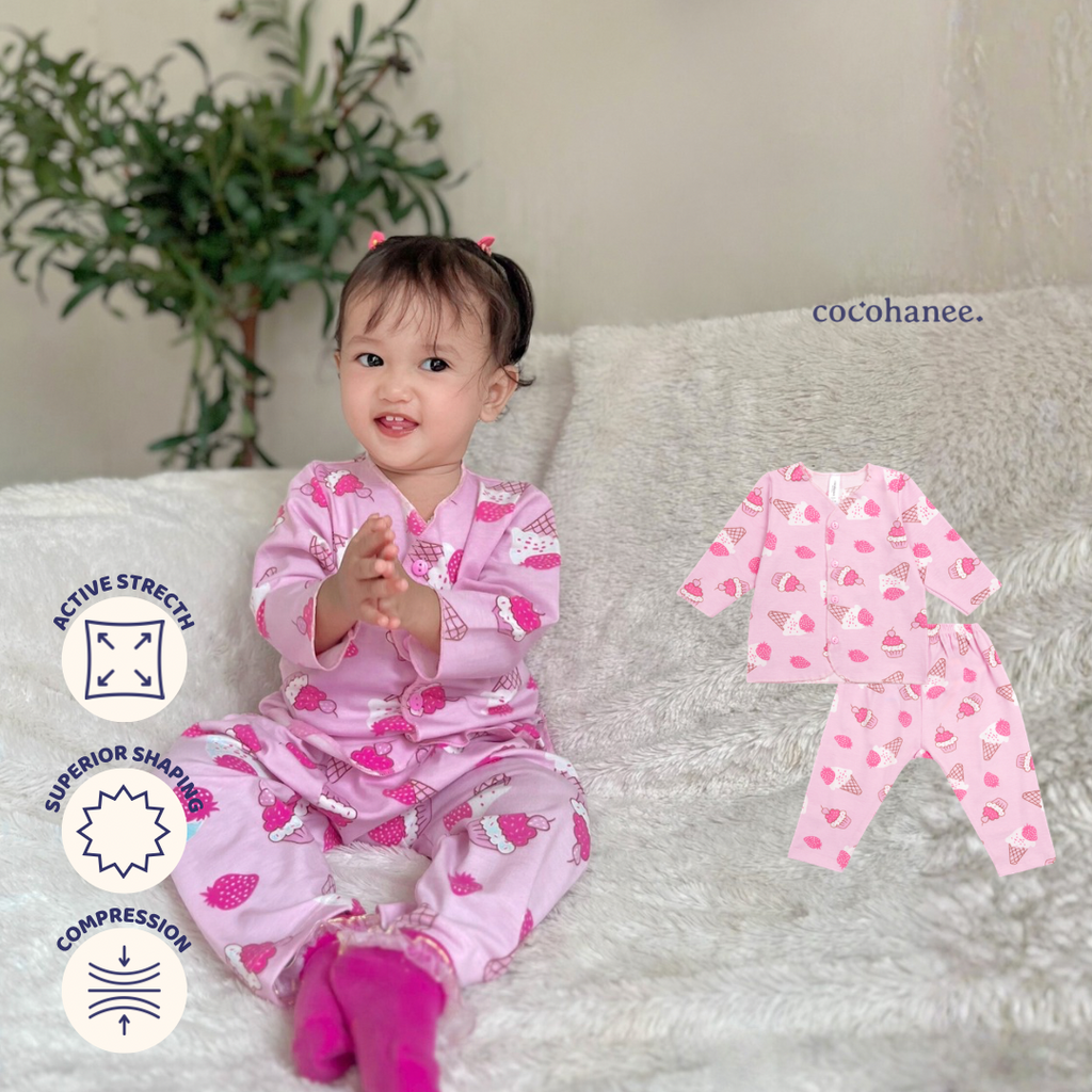 Cocohanee - Creamy Strawberry Baby Long Button Down Pajamas - Piyama Bayi dengan Kancing Depan