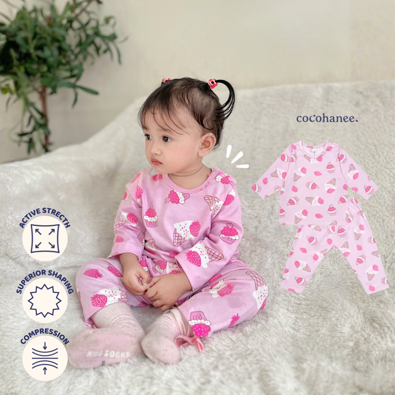 Cocohanee - Creamy Strawberry Baby Long Shoulder Button Pajamas - Piyama Bayi dengan Kancing di Bahu